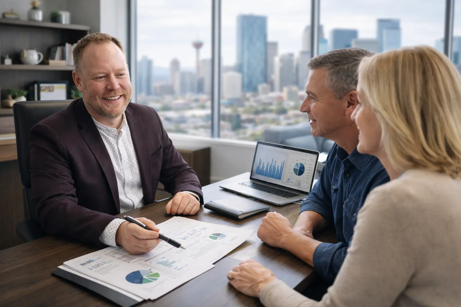 Ryan at his desk with two clients going over financials.