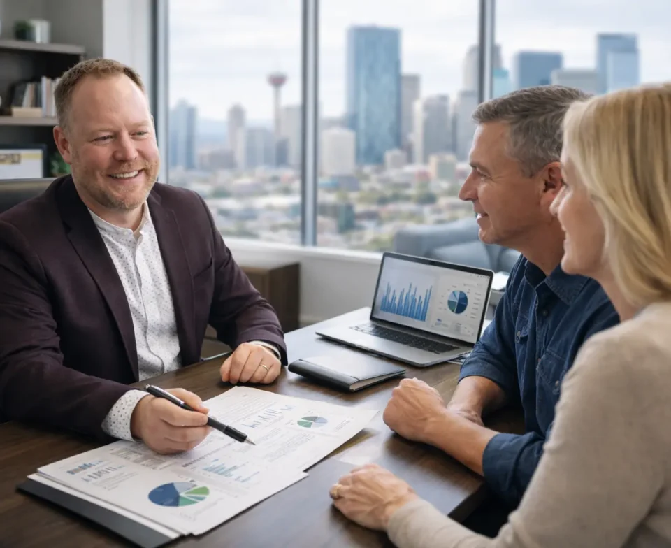 Ryan at his desk with two clients going over financials.