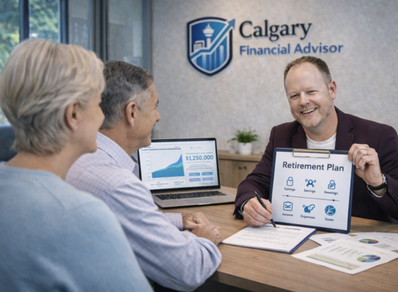 Ryan and two clients sitting at a desk going over financials.